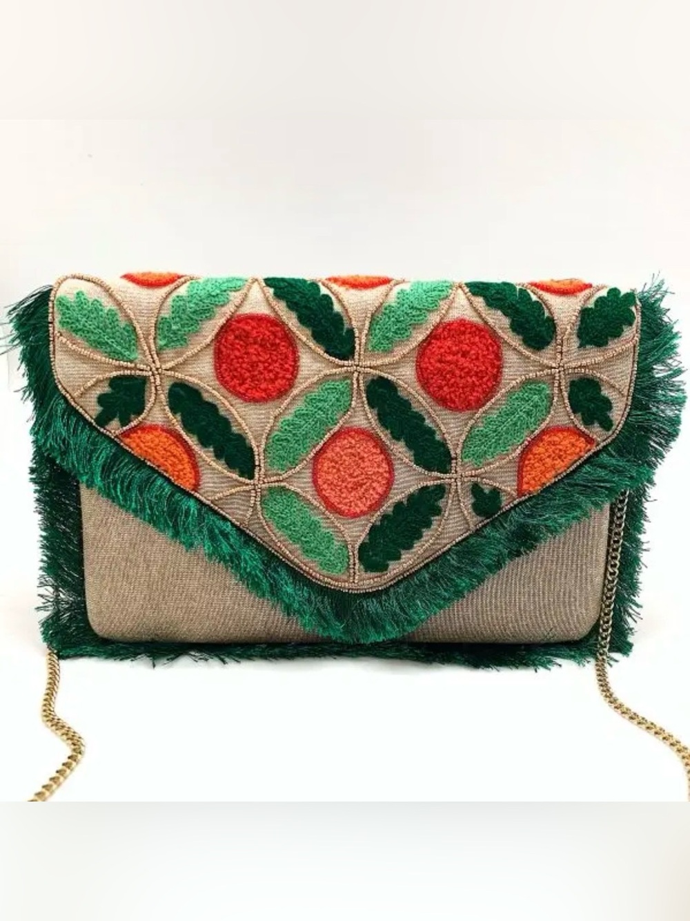 Embroidered Green Fringe Canvas Clutch with Orange Accents